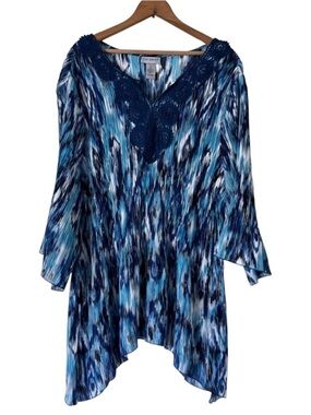 Catherines Accordion Tunic Top Women 2X Blue Black Wide Sleeve Sharkbite Classic